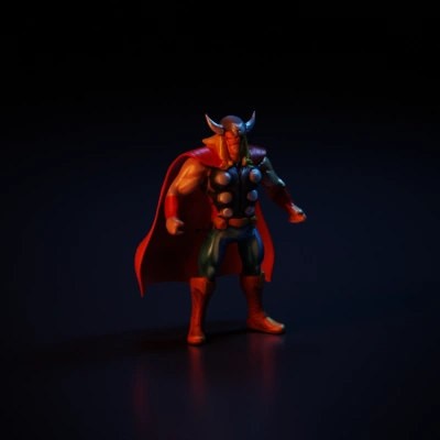 Superhero with helmet, cape, and hammer.