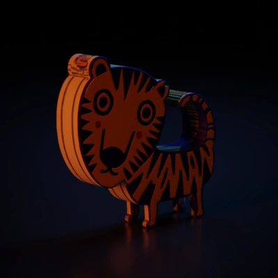 Cartoon tiger with a smiling face, playful design.