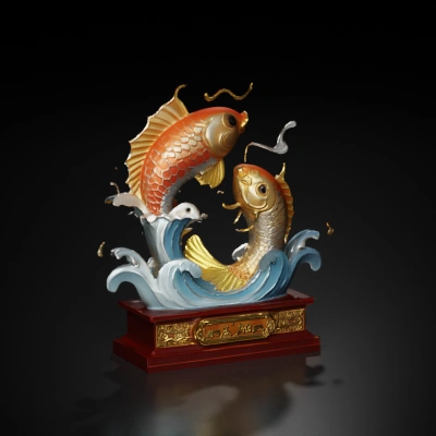 Two ornamental fish sculpture on stand.