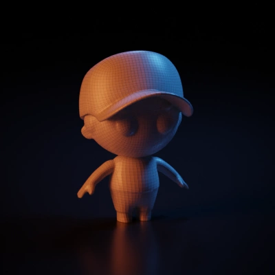 Cartoon child in cap and casual outfit.