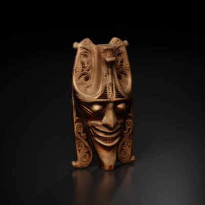 Intricate wooden carved mask, tribal art, ceremonial.