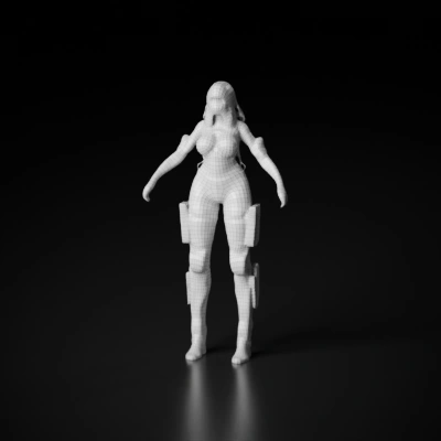 Female character in futuristic combat armor.