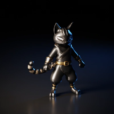 Anthropomorphic ninja cat, martial arts attire.