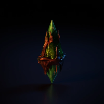 Floating crystal with wooden branches and foliage.