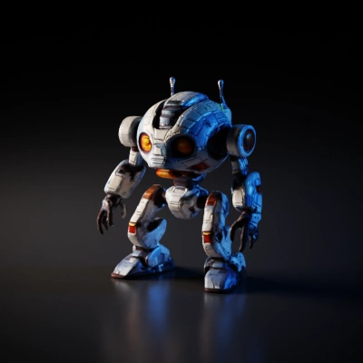 Robot with spherical design, mechanical limbs, orange eyes, 5 fingers on each hand.