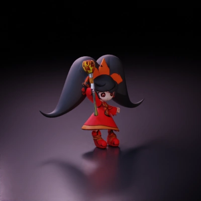 Anime-inspired character in red dress, holding a staff.