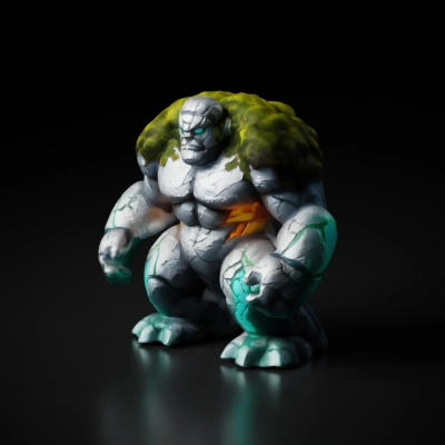 Rock golem with glowing veins, mossy growth on shoulders.