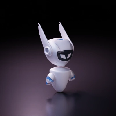 Robot with futuristic design, glowing eyes, detached arms.