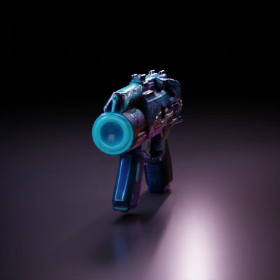 Futuristic sci-fi handgun with multiple lights and intricate design.