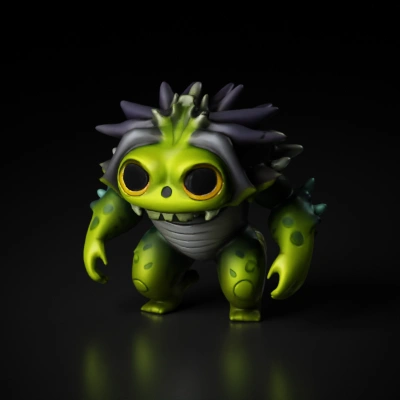 Cute round alien creature, large eyes, scales, wavy hair.