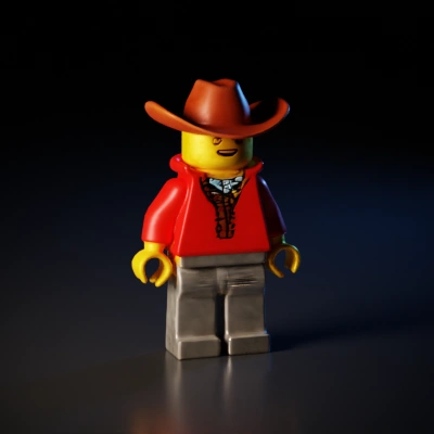 Smiling cowboy Lego minifigure, wide-brimmed hat, scarf.