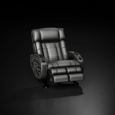 Futuristic massage chair with advanced controls, ergonomic design.
