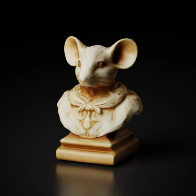 Mouse-head bust sculpture, wearing clothes.