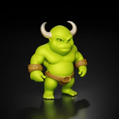 Muscular green creature with horns and wristbands.