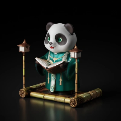 Cute panda in traditional attire holding book, anthropomorphic character.
