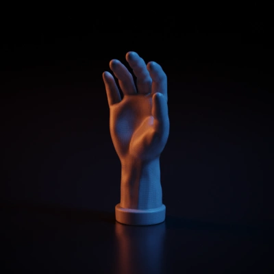 Human hand model, open with fingers spread, thumbs up, pinky. symmetric geometry, smooth edges, simple geometry, game-ready