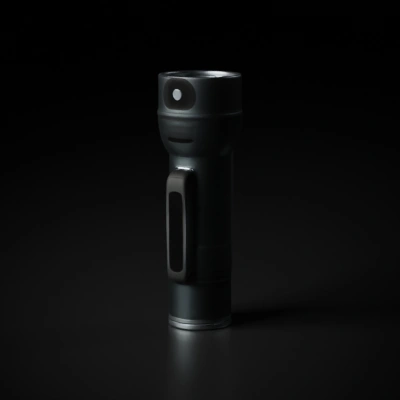 Tactical flashlight with mounting bracket, rugged and sleek design.