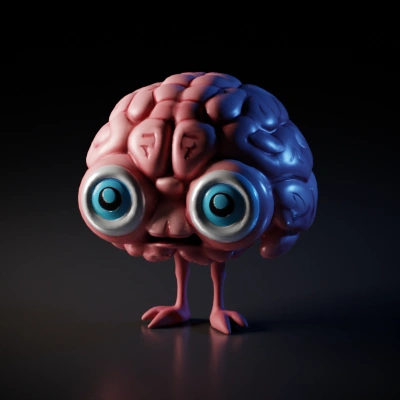 Brain with exaggerated eyes, small limbs, cartoonish expression.