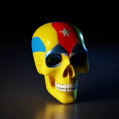 Human skull with colorful flower pattern in the colors of the colombian flag