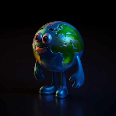 Earth cartoon character with facial features, arms, legs.