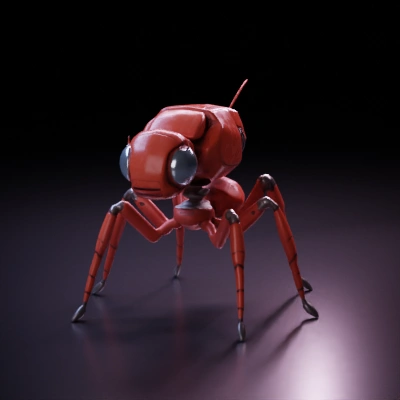 Mechanical ant-like robot with segmented body and legs.