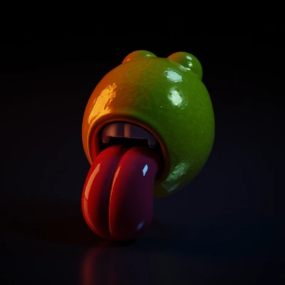 Lemon with human tongue and teeth, cartoonish.