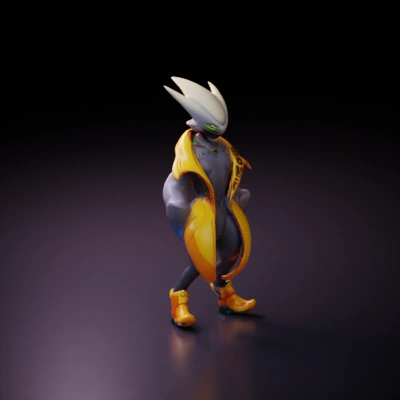 Cyborg creature with futuristic attire, unique head shape.