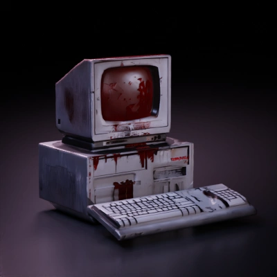 Retro computer monitor with blood stains.
