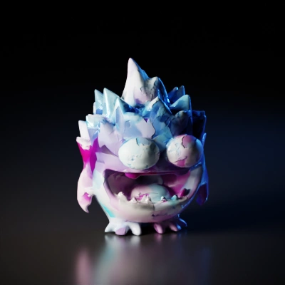 Cartoonish monster with wild hair, big eyes, and teeth.