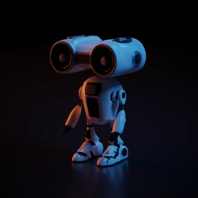 Humanoid robot with large circular eyes, futuristic design.