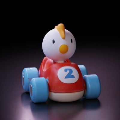 Toy car with chicken figure.