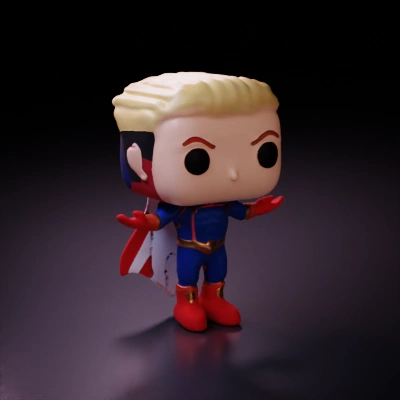 Funko Pop Homelander, cartoonish, large head, small body.