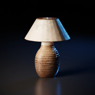 Woven lamp with cone-shaped shade.