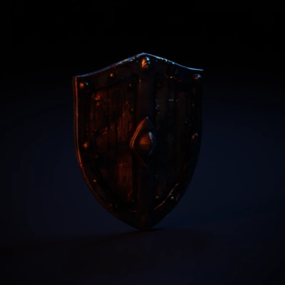 Medieval wooden shield with metal reinforcements.