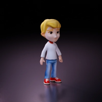 Cartoon boy, casual attire, white shirt, jeans, red shoes.