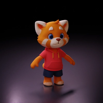 Cartoon red panda wearing hoodie and shorts.