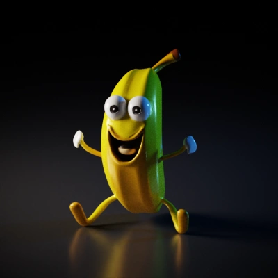 Banana character, animated, smiling, arms and legs.