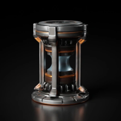 Futuristic cylindrical energy generator with mechanical components.