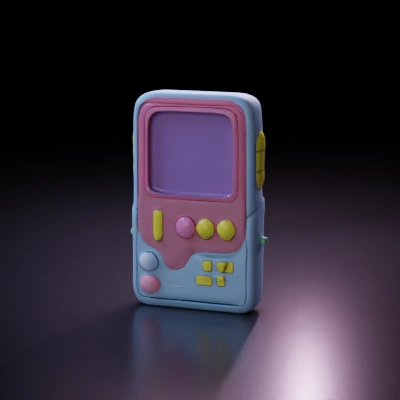 Handheld gaming device, cartoon style, colorful buttons.