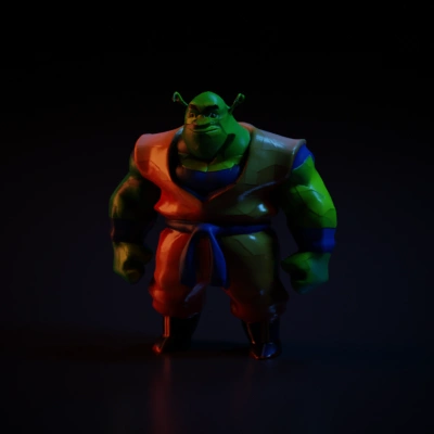 Muscular polygonal ogre, martial arts outfit.