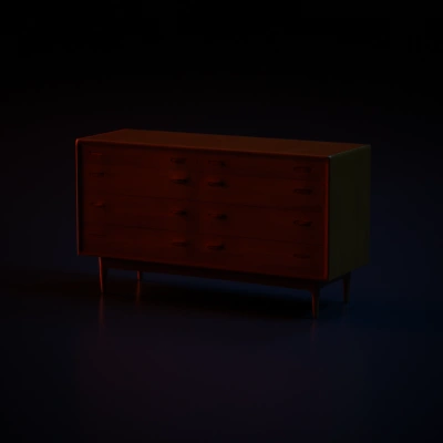 Wooden dresser with multiple drawers, mid-century modern design.