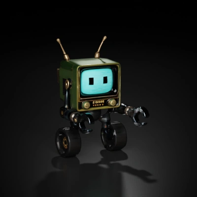 Retro robot TV on wheels with antennae, mechanical arms.