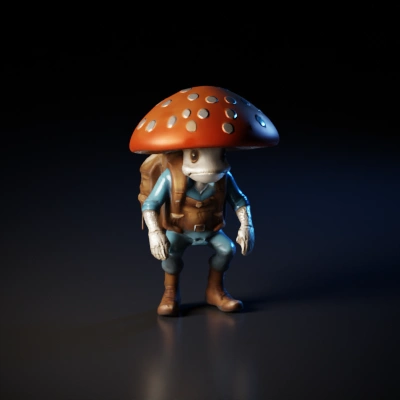 Humanoid mushroom with backpack and clothing, fantasy setting.