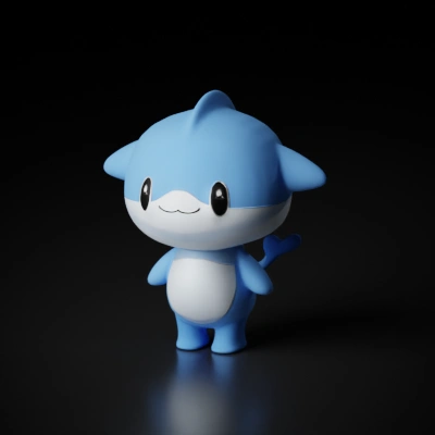 Cartoon baby shark standing upright, big eyes, smile.