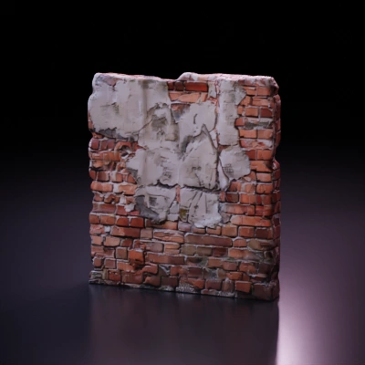 Partially decayed brick wall, cracked plaster.