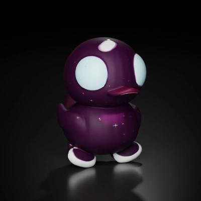 Cartoon bird with glowing eyes, galaxy-themed.