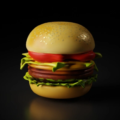 Hamburger with layers of lettuce, cheese, and tomato.
