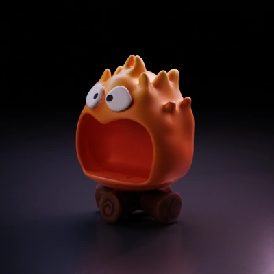Cartoon-like figure with wide open mouth, resting on logs.