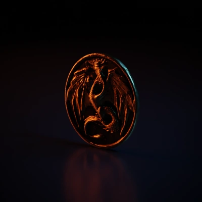 Dragon medallion, circular crest, detailed scales and wings.