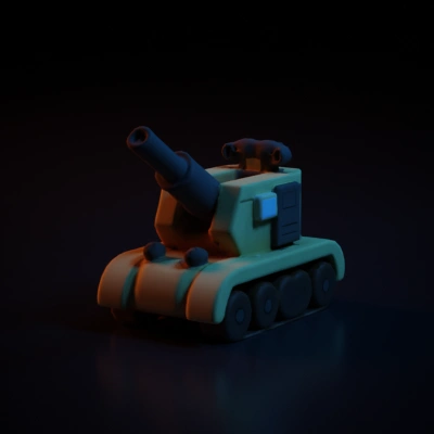 Cartoonish military tank with cannon, toy design.